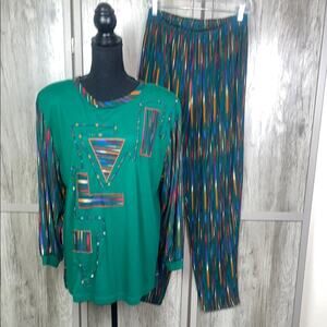 Vintage 90s Funky Geo Design tunic pantsuit women's L